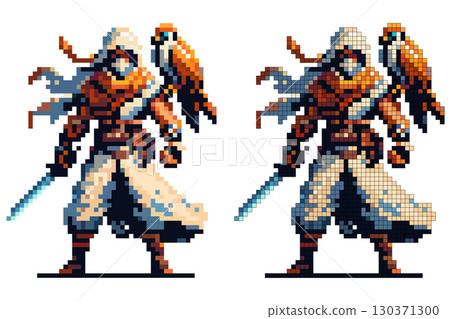 A fierce warrior clad in a hooded cloak stands confidently, holding a sword with a bird perched on their shoulder. The pixel art captures a sense of adventure and mystery in a fantasy environment 130371300