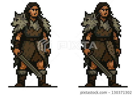 A skilled warrior in pixel art style stands poised, holding a sword and wearing a rugged outfit with fur accents. The character exudes strength and readiness for battle in a fantasy setting A skilled warrior in pixel art style stands poised, holding a sword and wearing a rugged outfit with fur accents. The character exudes strength and readiness for battle in a fantasy setting 130371302