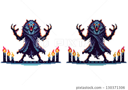 A fierce wolf creature stands menacingly, surrounded by flickering candles, invoking dark spirits in a mystical nighttime setting, creating an eerie atmosphere 130371306