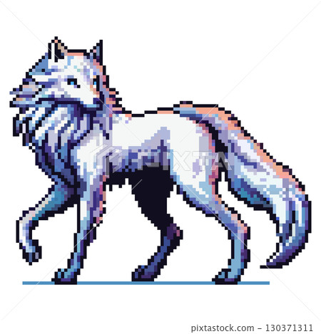 A white wolf walks confidently, showcasing its flowing mane and intricate fur patterns. The character is depicted in vibrant pixel art that highlights its majestic presence 130371311