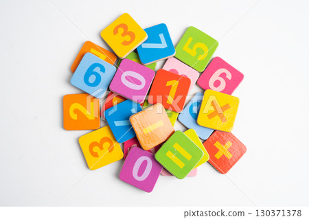 Number wood block cubes for learning Mathematic, education math. 130371378