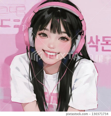 一位戴著耳機的韓國流行音樂風格女性的插圖 一位戴著耳機的韓國流行音樂風格女性的插圖 130371734
