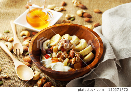Greek yogurt with plenty of fiber for intestinal health and honey 130371770
