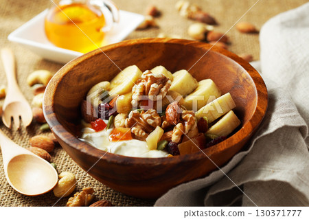 Greek yogurt with plenty of fiber for intestinal health and honey 130371777