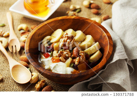 Greek yogurt with plenty of fiber for intestinal health and honey 130371788