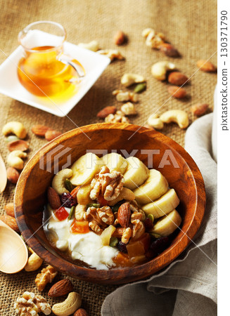 Greek yogurt with plenty of fiber for intestinal health and honey 130371790