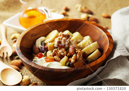 Greek yogurt with plenty of fiber for intestinal health and honey Greek yogurt with plenty of fiber for intestinal health and honey 130371820