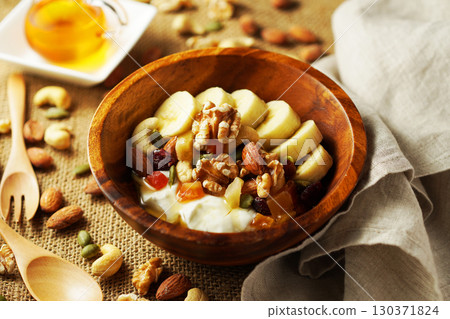 Greek yogurt with plenty of fiber for intestinal health and honey 130371824