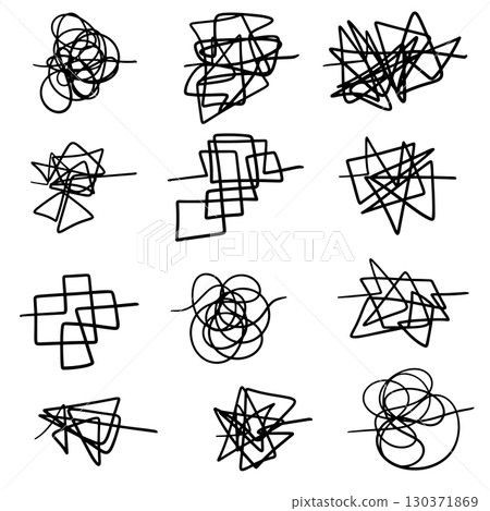 Doodle lines hand drawing tangled insane mess scribble confused brain thinking clutter complicated concept. Squiggles and scrawl vector set 130371869