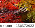 A tiled roof stained red by autumn leaves 130372022