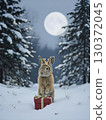 A rabbit wearing a reindeer hat on a full moon night 130372045