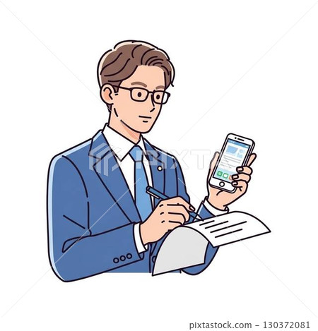 一位商人一邊看著智慧型手機一邊填寫表格 130372081