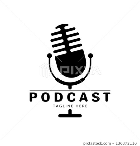 podcast logo with microphone and earphone audio, radio waves. for studio, talk show, chat, information sharing, interview, multimedia and web. 130372110
