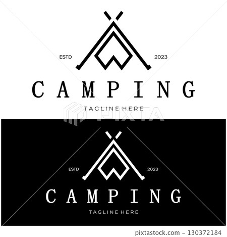 vintage and retro tent logo, camping. With tent, tree and bonfire sign. adventurers, scouts, climbers, camping equipment center 130372184