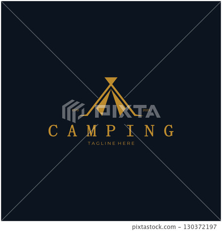 vintage and retro tent logo, camping. With tent, tree and bonfire sign. adventurers, scouts, climbers, camping equipment center 130372197