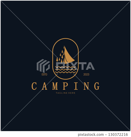 vintage and retro tent logo, camping. With tent, tree and bonfire sign. adventurers, scouts, climbers, camping equipment center 130372216