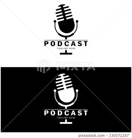 podcast logo with microphone and earphone audio, radio waves. for studio, talk show, chat, information sharing, interview, multimedia and web. 130372287