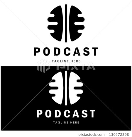 podcast logo with microphone and earphone audio, radio waves. for studio, talk show, chat, information sharing, interview, multimedia and web. 130372298