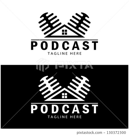 podcast logo with microphone and earphone audio, radio waves. for studio, talk show, chat, information sharing, interview, multimedia and web. 130372300