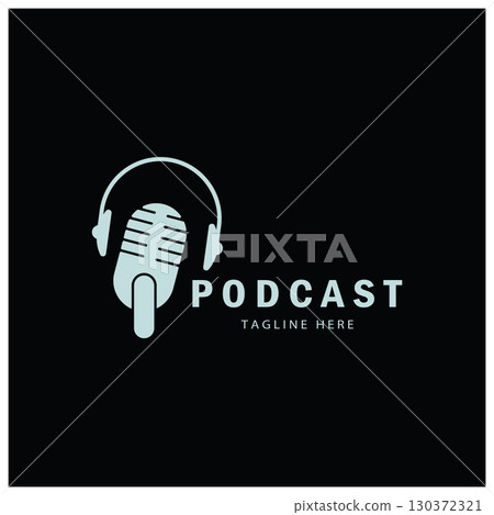 podcast logo with microphone and earphone audio, radio waves. for studio, talk show, chat, information sharing, interview, multimedia and web. 130372321