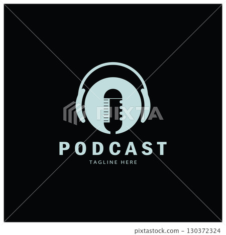 podcast logo with microphone and earphone audio, radio waves. for studio, talk show, chat, information sharing, interview, multimedia and web. 130372324