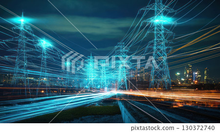 Electric power lines glowing with digital energy pulses over cityscape at night Electric power lines glowing with digital energy pulses over cityscape at night 130372740