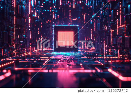glowing AI chip at center of neon lit digital network, symbolizing advanced technology glowing AI chip at center of neon lit digital network, symbolizing advanced technology 130372742