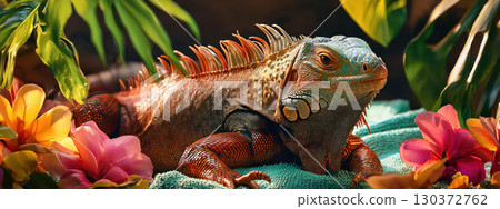 fashionable iguana basking on beach towel surrounded by tropical flowers, exuding vibrant and relaxed vibe 130372762