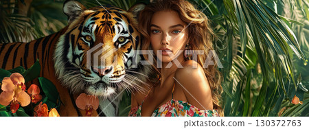 model chic summer outfit poses with striking tiger lush, exotic environment, showcasing vibrant colors and natural beauty model chic summer outfit poses with striking tiger lush, exotic environment, showcasing vibrant colors and natural beauty 130372763