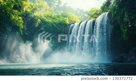 tropical waterfall surrounded by lush greenery, with mist rising and crisp details creating serene atmosphere 130372772
