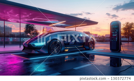 sleek autonomous car parked at high tech charging station in smart city, showcasing futuristic design and vibrant lighting 130372774
