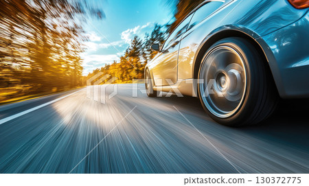 Fast car driving on road, capturing sense of speed and motion 130372775