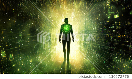 concept image of futuristic self learning AI emerging from glowing matrix, symbolizing evolution and technology 130372776
