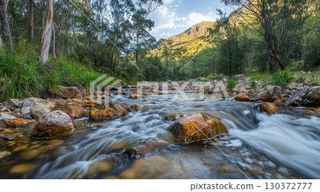 crystal clear river flowing through lush landscapes, showcasing nature beauty and clean water conservation 130372777