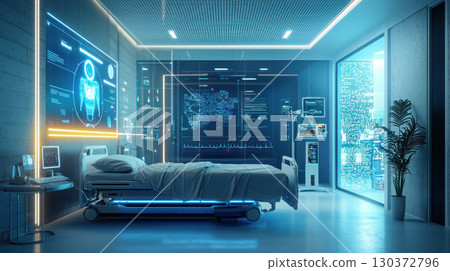 conceptual futuristic hospital room with AI monitoring patient data digitalized environment, showcasing advanced technology 130372796
