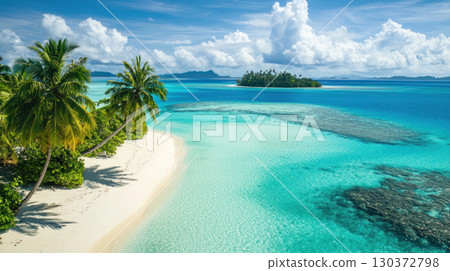 stunning tropical island with turquoise waters, white sandy beaches, and lush palm trees creates serene paradise 130372798