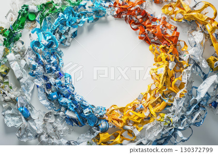 Recyclable materials arranged in circular pattern, symbolizing sustainability and eco friendliness Recyclable materials arranged in circular pattern, symbolizing sustainability and eco friendliness 130372799