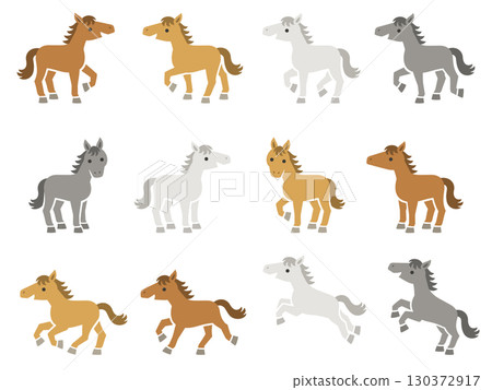 一組具有各種毛色和姿勢的馬的插圖 一組具有各種毛色和姿勢的馬的插圖 130372917