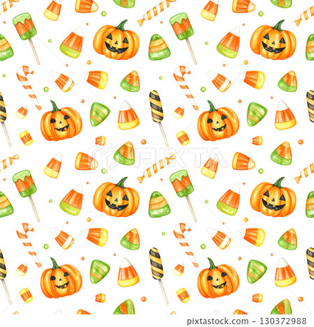 halloween seamless pattern with pumpkins and candy corns 130372988