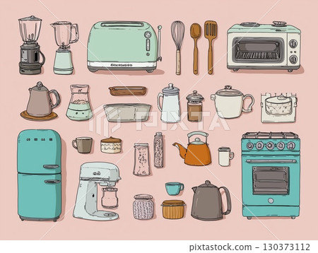 Retro kitchen appliances and cooking utensils illustrations | Stylish kitchenware Retro kitchen appliances and cooking utensils illustrations | Stylish kitchenware 130373112