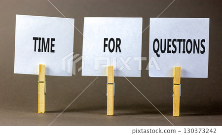Time for questions symbol. Concept words Time for questions on beautiful white paper on clothespin. Beautiful grey background. Business time for questions concept. Copy space. Time for questions symbol. Concept words Time for questions on beautiful white paper on clothespin. Beautiful grey background. Business time for questions concept. Copy space. 130373242