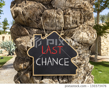Last chance symbol. Concept word Last chance on beautiful black blackboard. Beautiful old palm tree background. Black blackboard. Business last chance concept. Copy space. 130373476