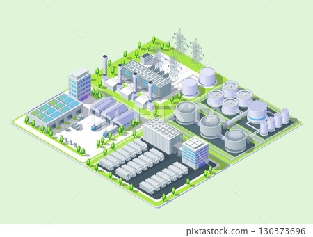 Cartoon Color Tank Farm, Powerwall, Geothermal Plant Logistic Center and Warehouse Industrial Energy Building Concept 3d Isometric View. Vector illustration 130373696