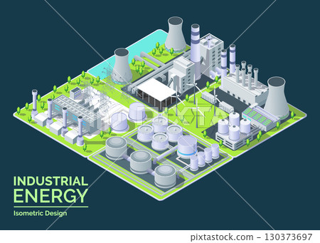 Cartoon Color Geothermal, Thermal, Combined Energy Sources Power Plant and Tank Farm Industrial Energy Building Concept 3d Isometric View. Vector illustration 130373697
