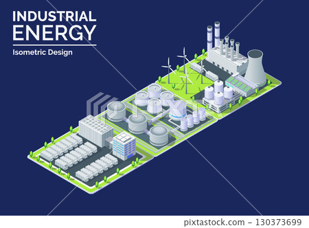 Cartoon Color Combined Energy Sources Power Plant, Tank Farm and Powerwall Industrial Energy Building Concept 3d Isometric View. Vector illustration 130373699