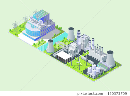 Cartoon Color Power Grid Control Center, Combined Energy Sources and Thermal Power Plant Industrial Energy Building Concept 3d Isometric View. Vector illustration 130373709