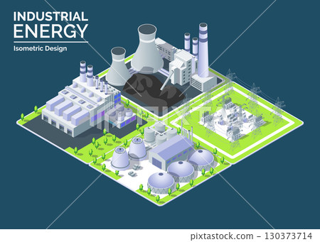 Cartoon Color Coal,Garbage , Bioenergy Power Plant and Electric Substation Object Industrial Energy Building Concept 3d Isometric View. Vector illustration 130373714