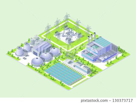 Cartoon Color Bioenergy Power Plant, Electric Substation and Solar Panel Field Object Industrial Energy Building Concept 3d Isometric View. Vector illustration 130373717