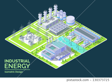 Cartoon Color Gas Thermal Power Plant, Electric Substation and Hydrogen Center Industrial Energy Building Concept 3d Isometric View. Vector illustration 130373725