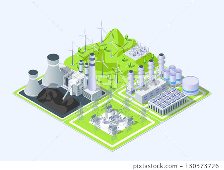 Cartoon Color Windmill, Coal, Gas Thermal Power Plant and Electric Substation Industrial Energy Building Concept 3d Isometric View. Vector illustration 130373726